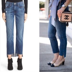 Frame| Women's Medium Blue Denim Le High Straight Raw Hem Stairstep Jeans, sz 32